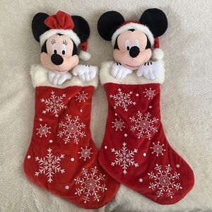 Disney Mickey Minnie Mouse Set Of 2 3D Plush Head Christmas Stocking Snowflakes